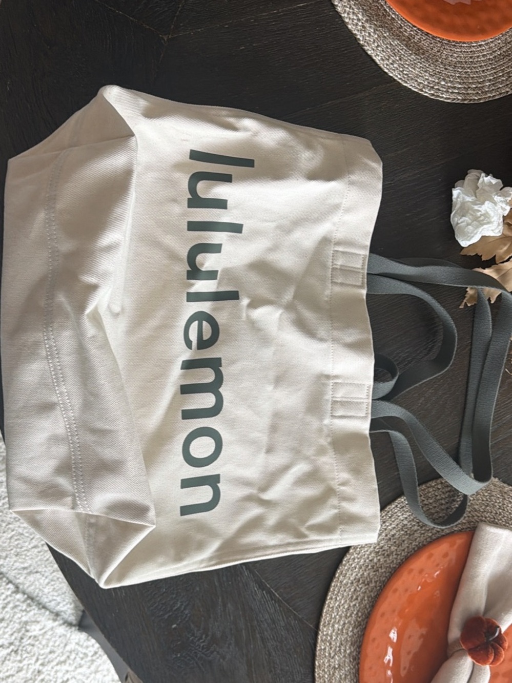 lululemon athletica Cream Canvas Tote with Gray Straps and Logo